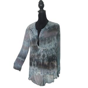 Raquel Allegra Silk Blouse Blue Tie Dye Chiffon Henley Womens 0 Small Raw Edge
